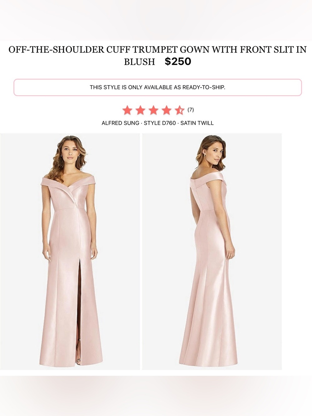 ALFRED SUNG Blush One-Shoulder Satin Trumpet Gown with Front Slit